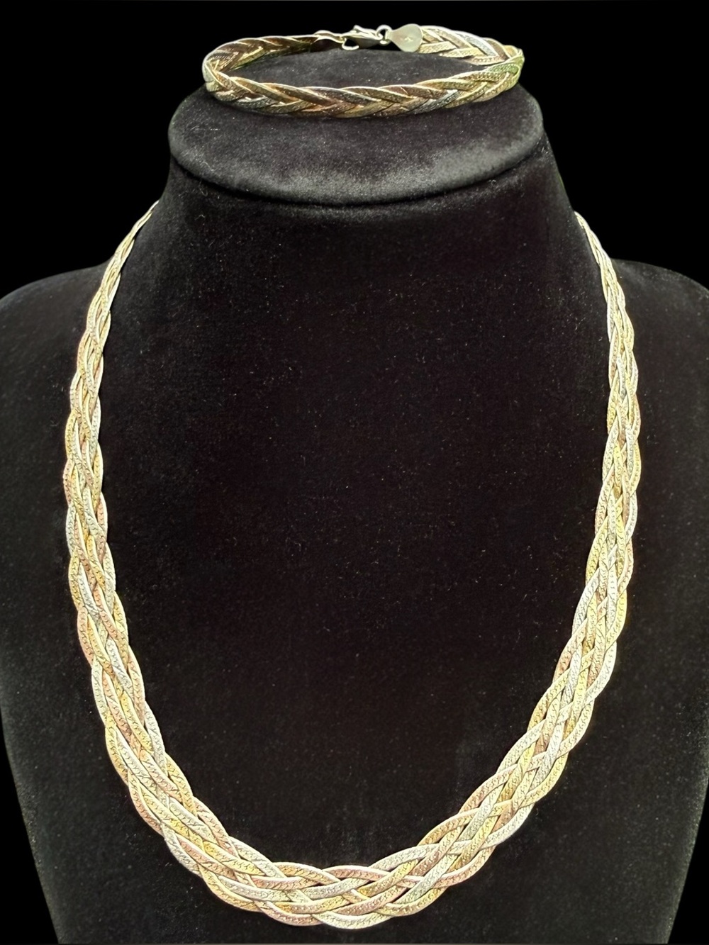 Sterling Silver Italy Tricolor Braided Weave Herringbone 18” Necklace 7”Bracelet